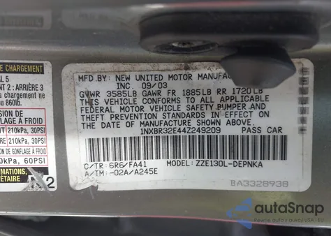 2004 Toyota Corolla Le from USA, damaged, VIN 1NXBR32E44Z249209